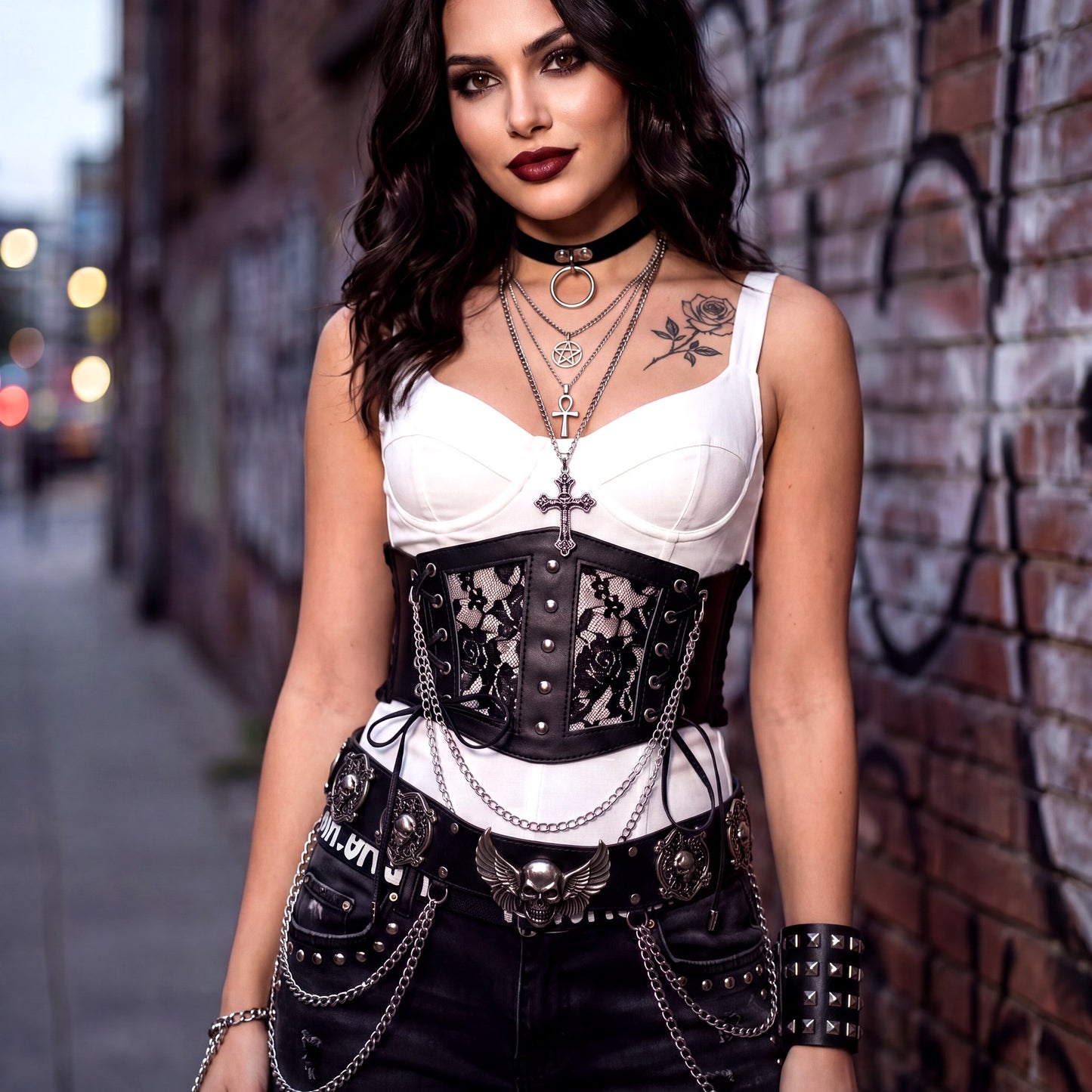 Corsetto Cintura Gotica con Pizzo Borchie e Fiocchi