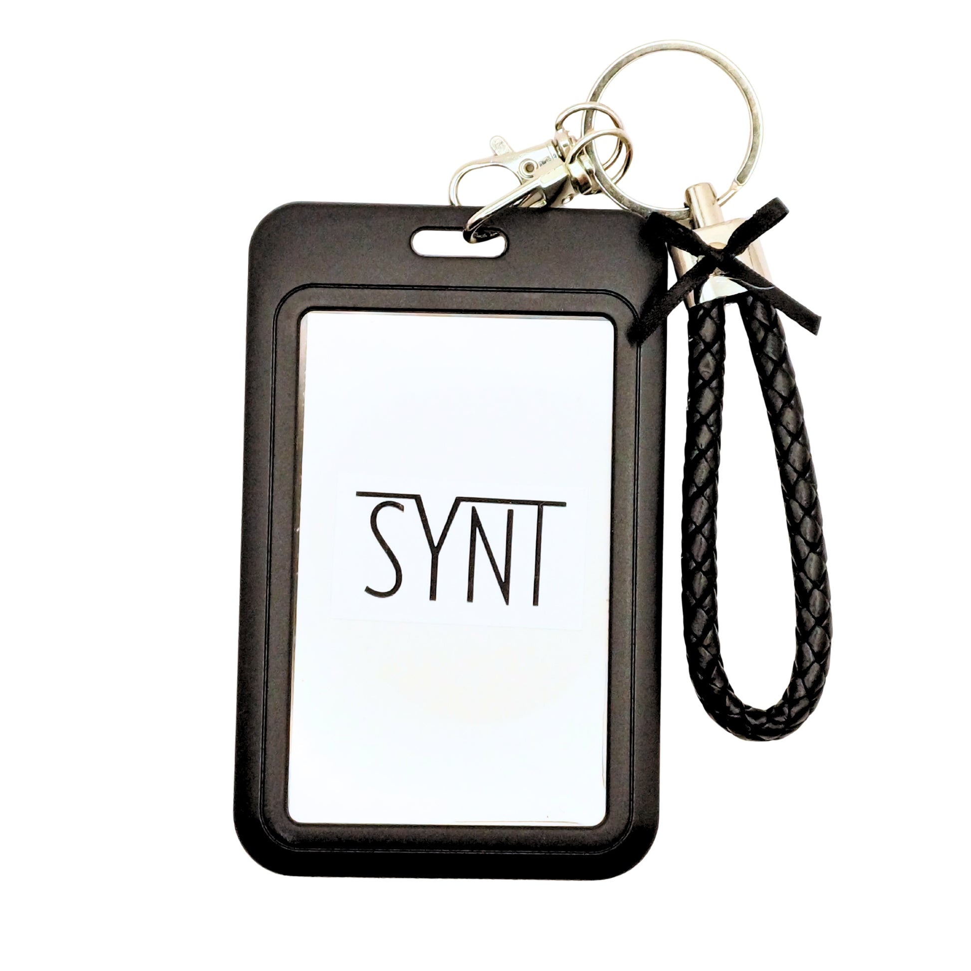 Photocard holder nero con portachiavi K-pop 55x85mm vista frontale